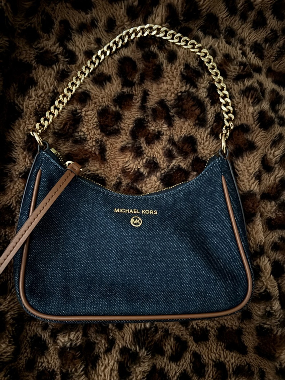 Michael Kors Dark Blue Denim Mini Shoulder Bag with Brown Trim & Gold Chain